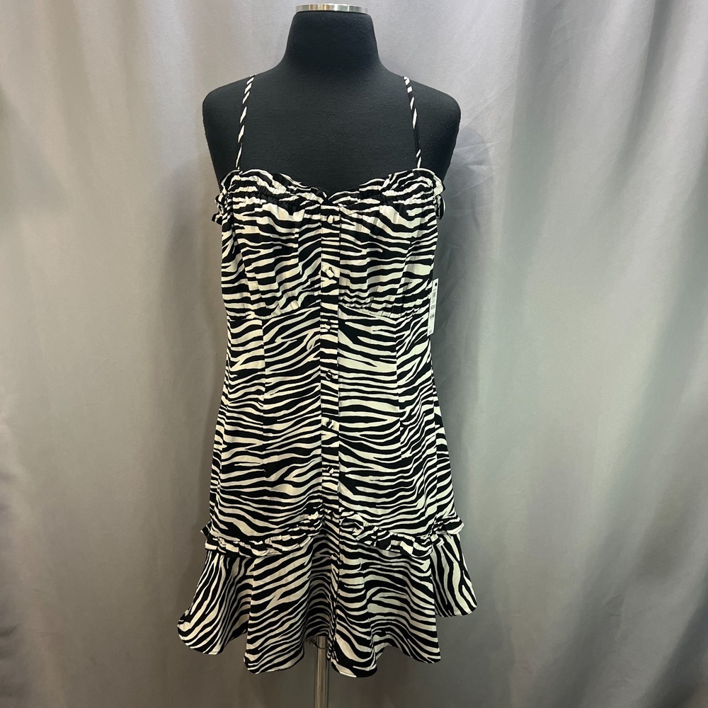 Bar III Mini Dress Womens Medium White Black Zebra Print Snap Front Ruffle Hem